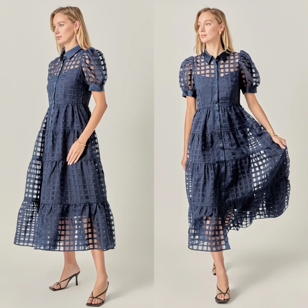 English factory Organza short sleeve button front midi dress - Picture 3 of 11